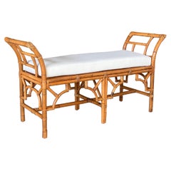 Late 20th Century Refinished Custom Upholstered Rattan Fretwork Bench