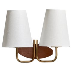 Swedish Designer, Wall Light, Teak, Brass, Fabric, Sweden, 1950s