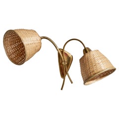 Schwedische Designerin, Wandleuchte, Messing, Rattan, Schweden, 1950er Jahre