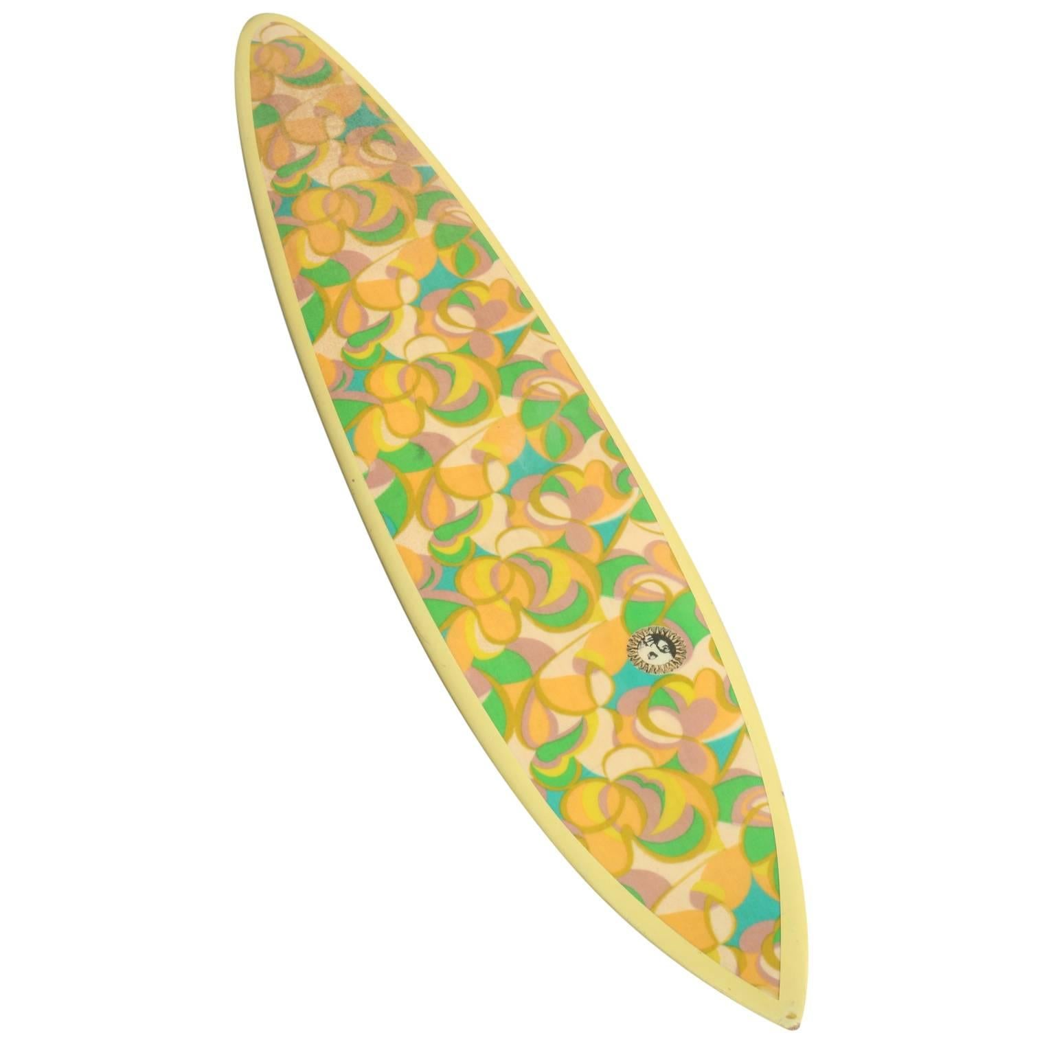 Yellow Green Floral Rounded Pintail Surfboard, Late 1960 For Sale