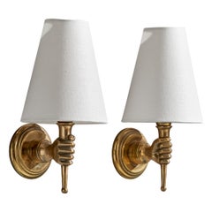 French Designer, Wall Lights, Brass, Fabric, France, 1950s