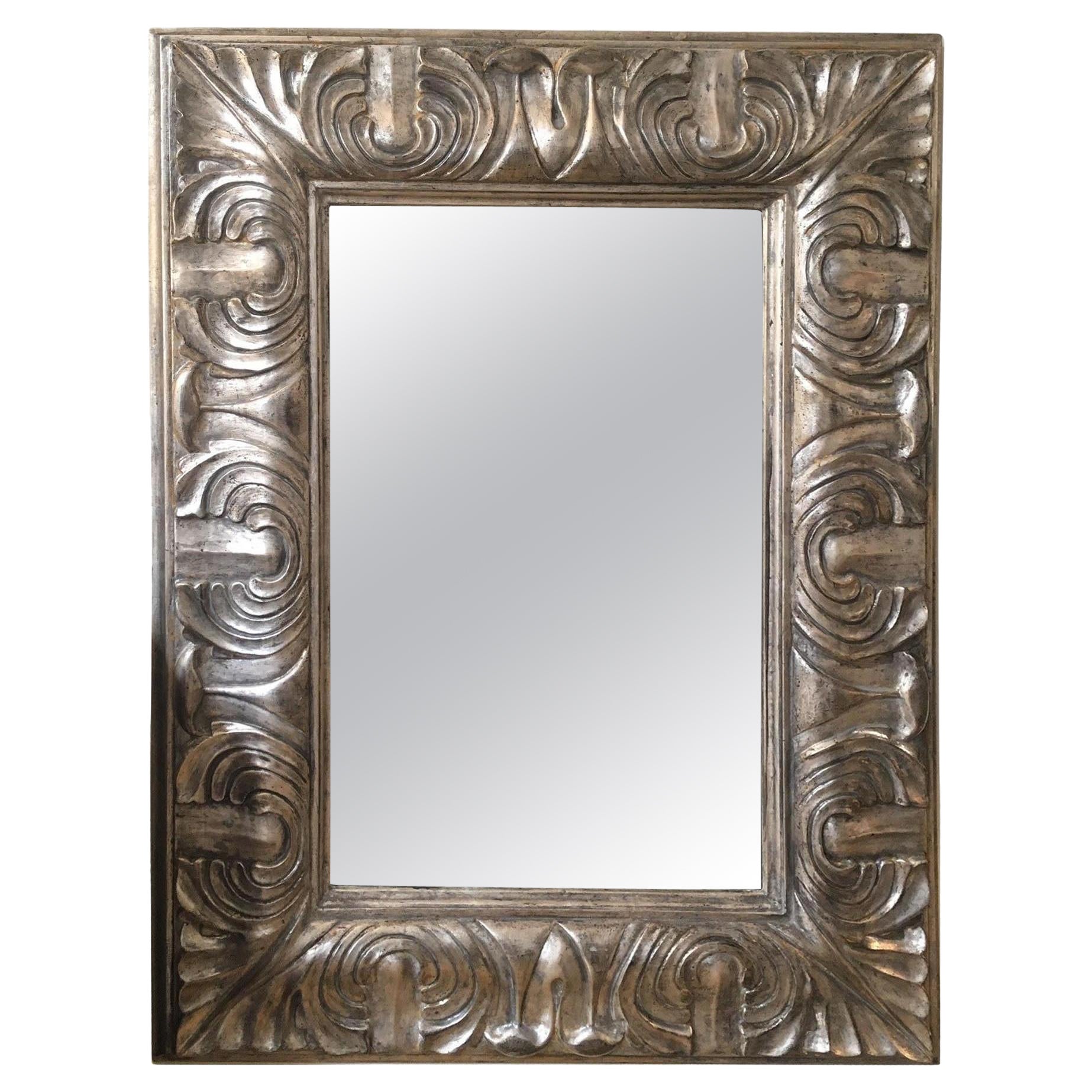 Contemporary Hand Carved and Hand Painted Antique Silvered Leaf Wall Mirror