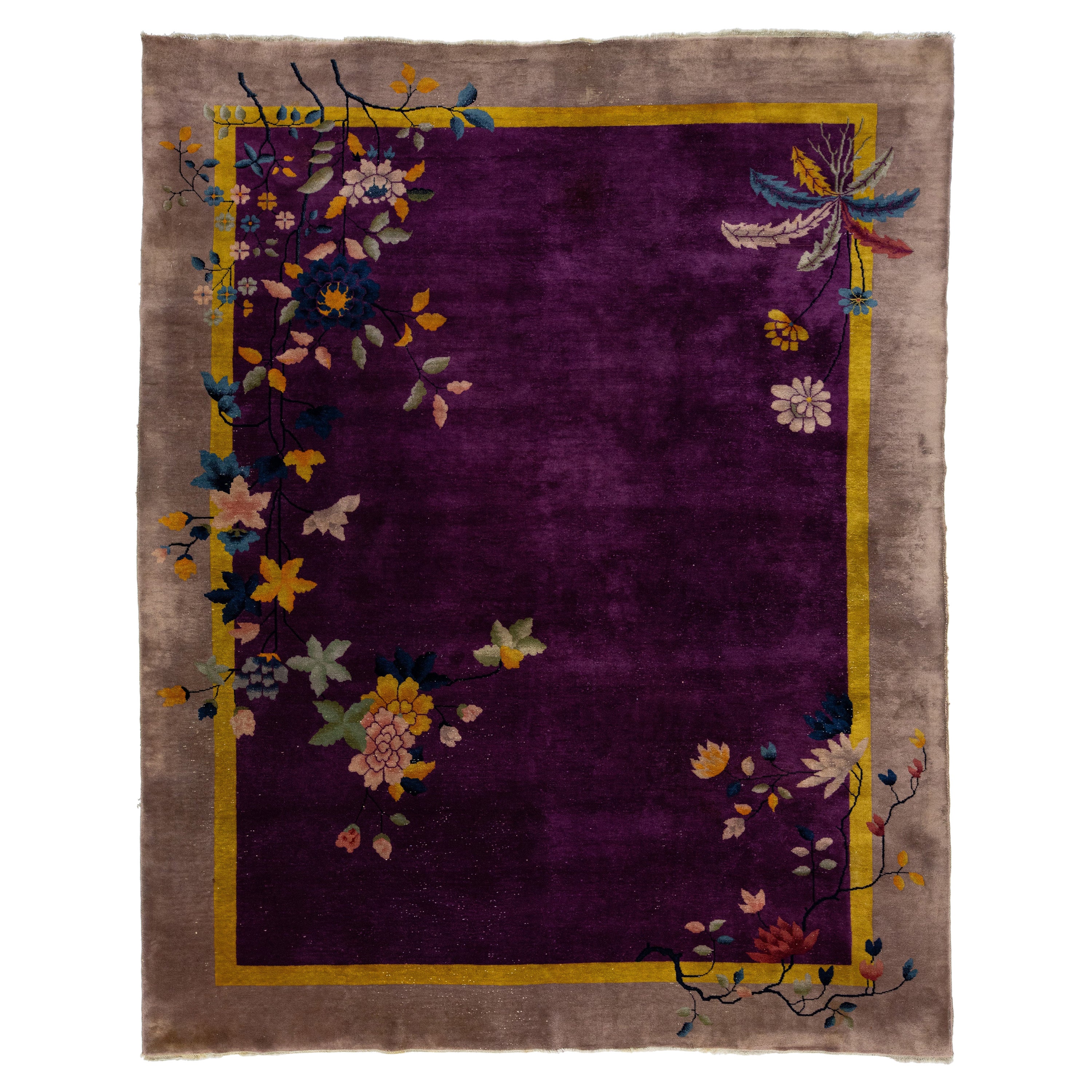 Alfombra antigua de lana con diseño floral chino Art Decó de color morado