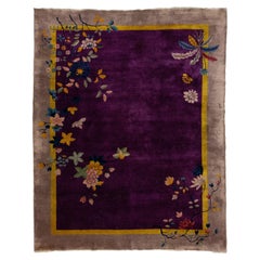 Tappeto antico in lana con disegno floreale cinese Art Deco in viola