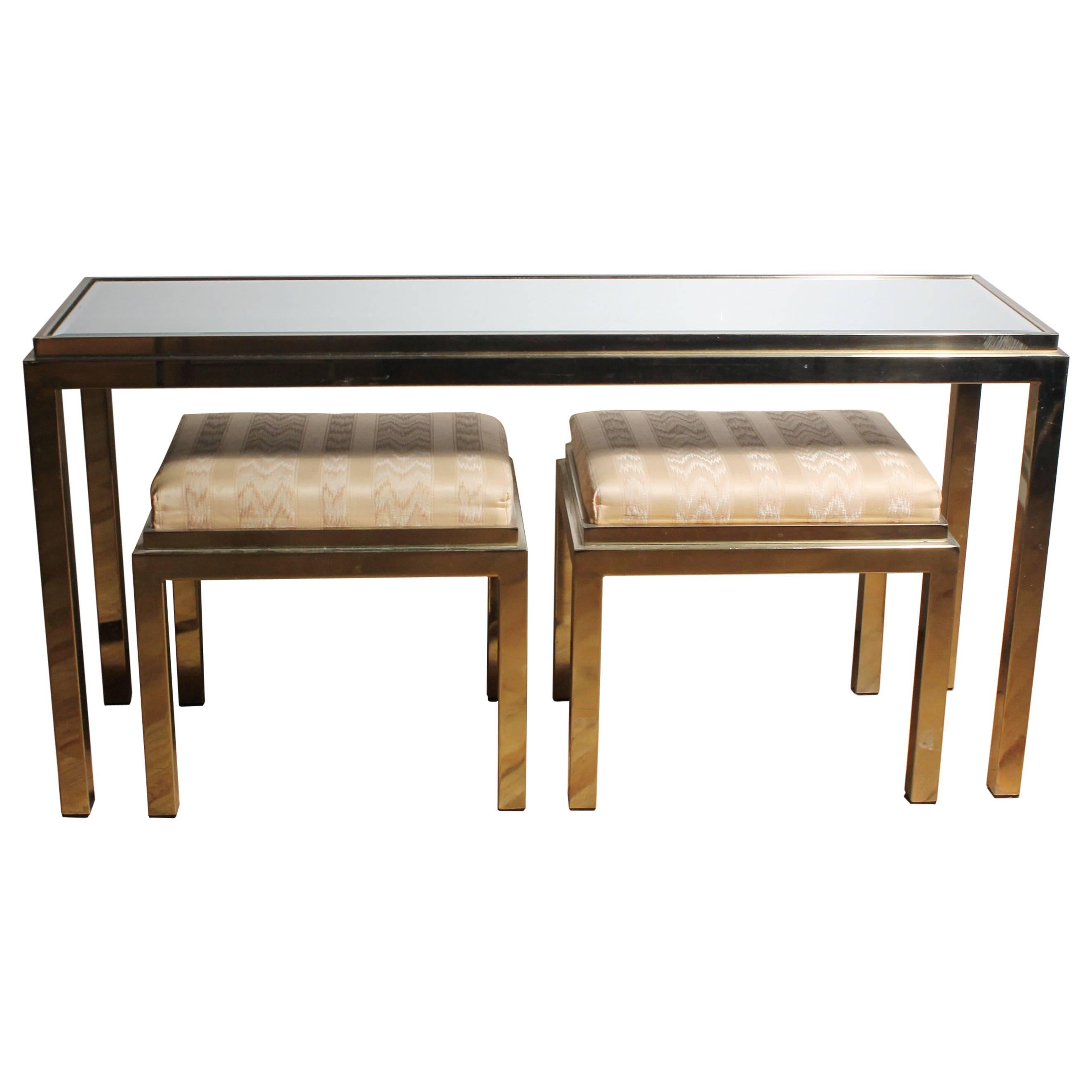 Brass Console Sofa Table with Matching Stools in Style of Milo Baughman