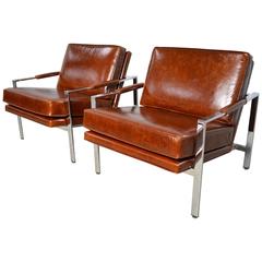 Milo Baughman Pair of Leather and Chrome Flat Bar Lounge Chairs