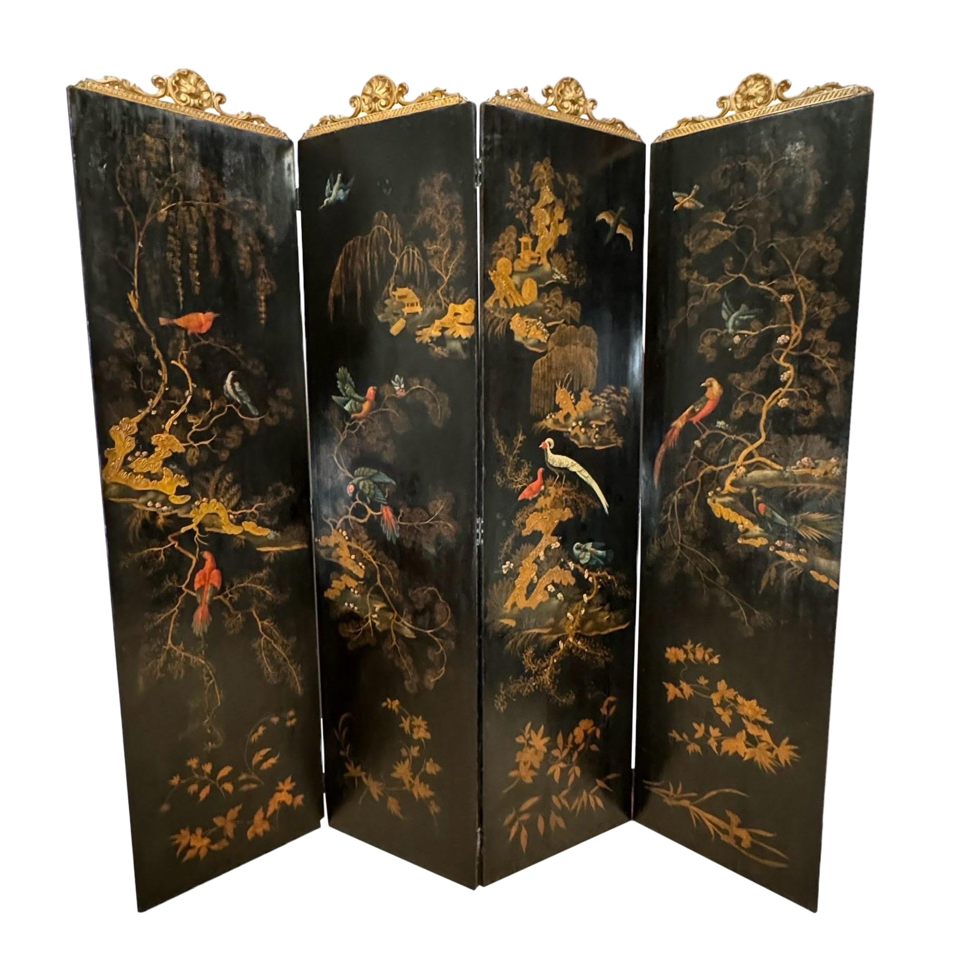 19th Century Painted & Gilt Decorated 4 Panel Screen