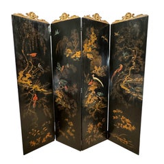 19th Century Painted & Gilt Decorated 4 Panel Screen