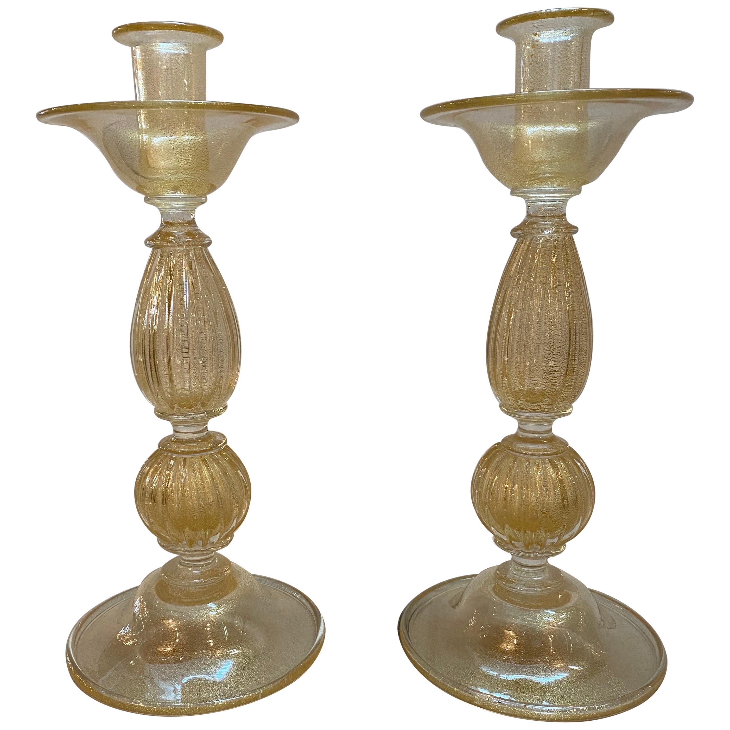 Pareja de candeleros de murano de aventurina firmados ARCHIMEDE SEGUSO