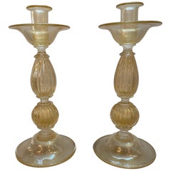 A Pair of Signed ARCHIMEDE SEGUSO Aventurine Murano Candlesticks