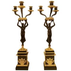 Pair of French Empire Figural Bronze Three-Light Candelabra Pair of French Empire Figural Bronze Three-Light Candelabra