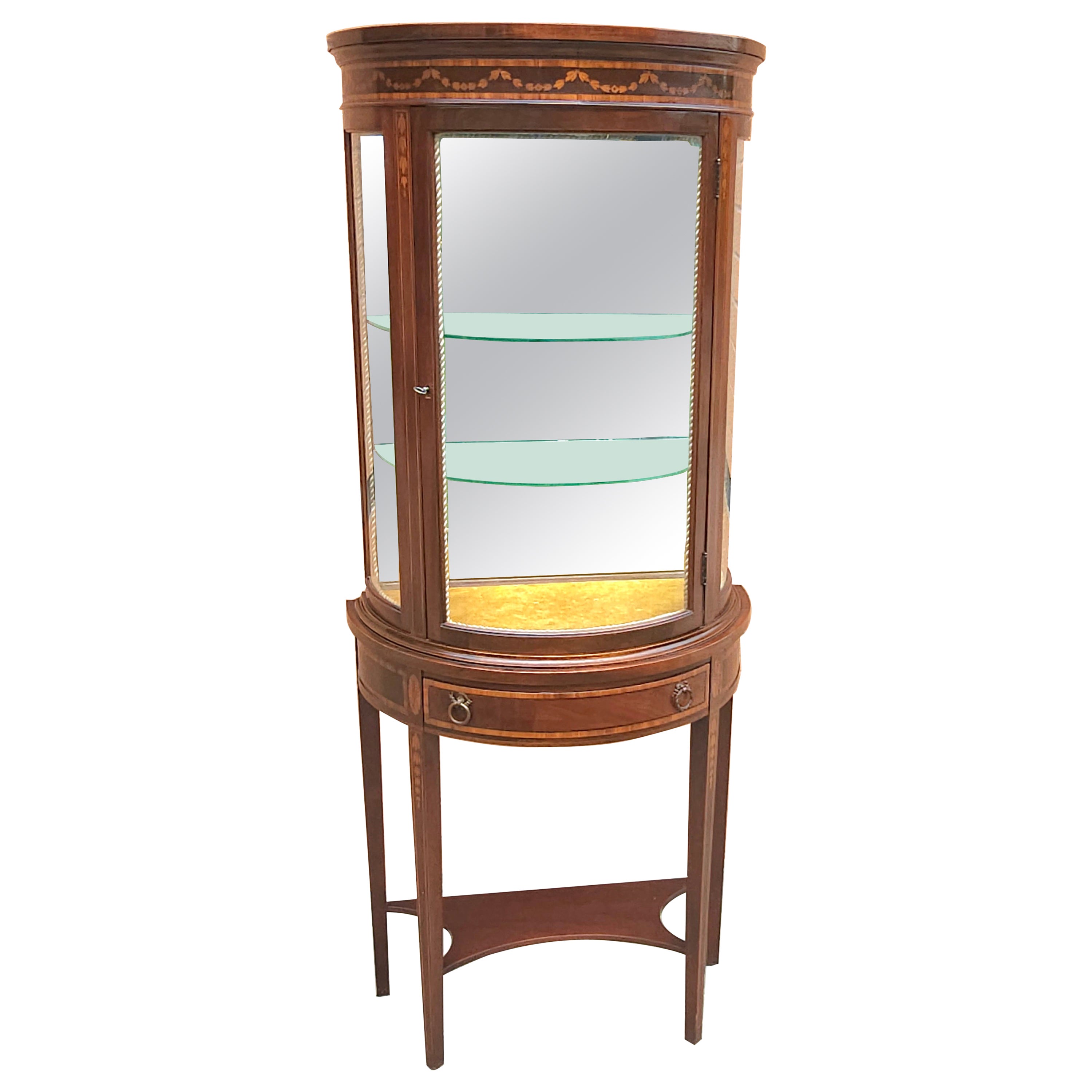 Italian Louis XV Style Marquetry Inlaid Mahogany Vitrine Cabinet For Sale