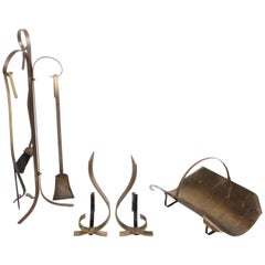 Mid-Century Modern Sculptural Brass Fire Tool Andiron Set