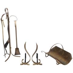 Mid-Century Modern Sculptural Brass Fire Tool Andiron Set 11