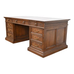 Sligh Furniture Regency Carved Oak Leather Top Executive Desk, Circa 1960s
