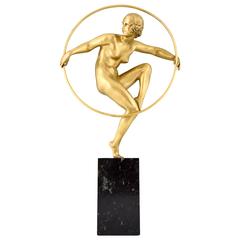 Gilt Art Deco Bronze Nude Hoop Dancer by Marcel Bouraine, 1930 France