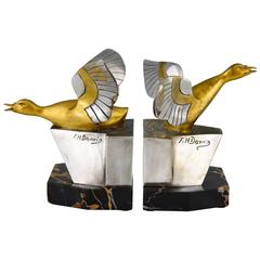 French Art Deco Bronze Duck Bookends by G.H. Danvin, 1930