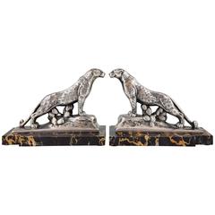 French Art Deco Panther Bookends by Frecourt 1930