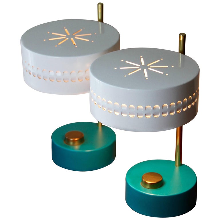 Mid-Century Pair of Teal Green Mathieu Mategot 1950s Bedside Table Lamps For Sale