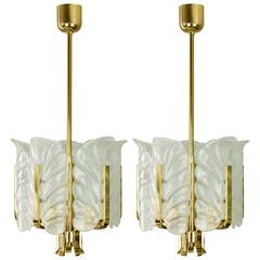 Pair of 1950s Carl Fagerlund Hollywood Regency Brass and Glass Leaves Chandelier