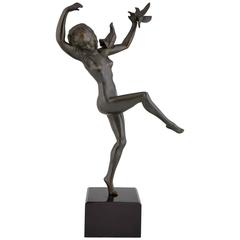 Vintage French Art Deco Bronze Sculpture Nude Bird Dancer Matto, Marcel Bouraine, 1930