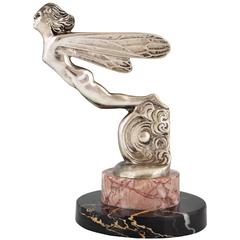 Antique French Art Deco Car Mascot Silvered Bronze Winged Nude by Payen, 1930