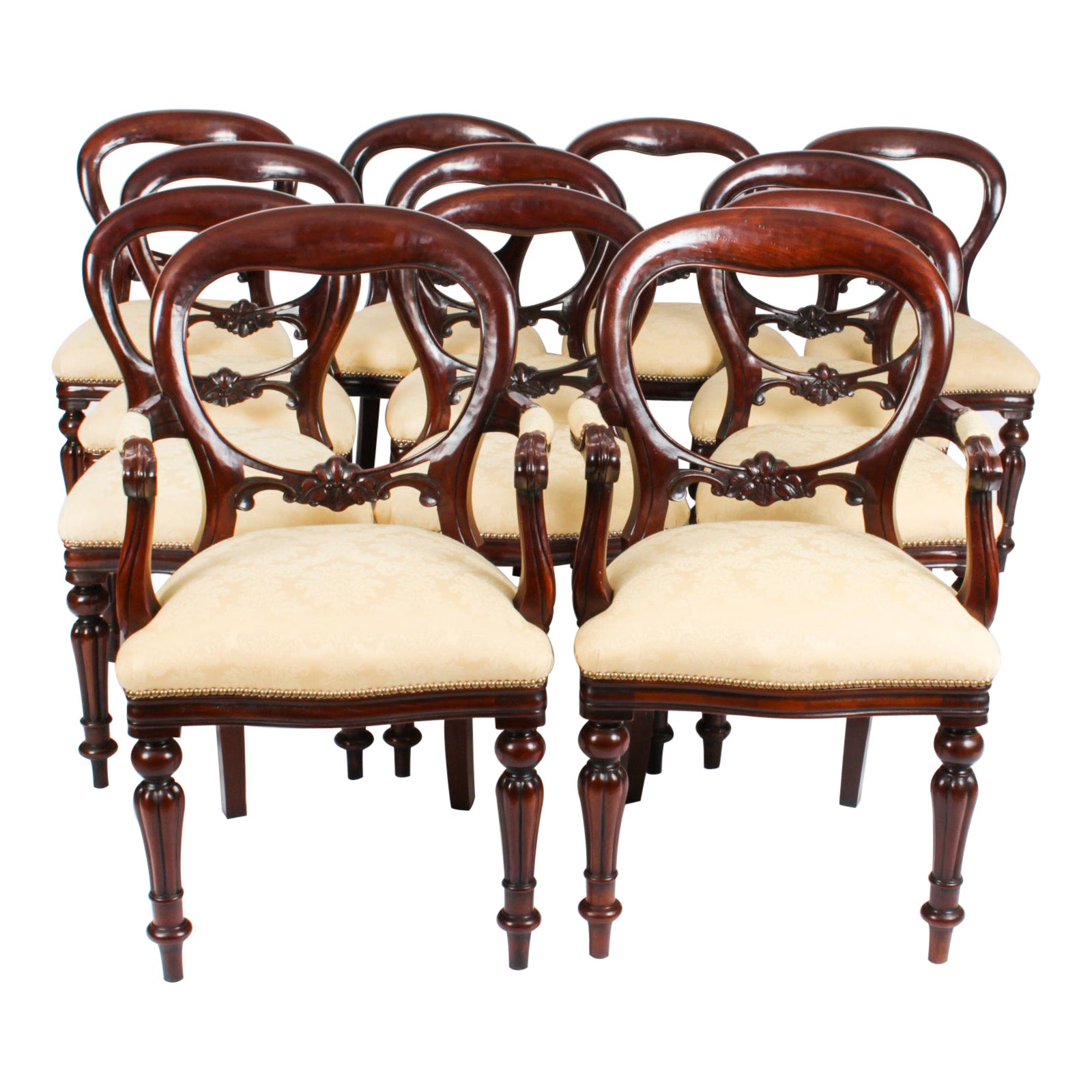 Vintage Set 12 Victorian Revival Balloon Back Dining Chairs 20th Century