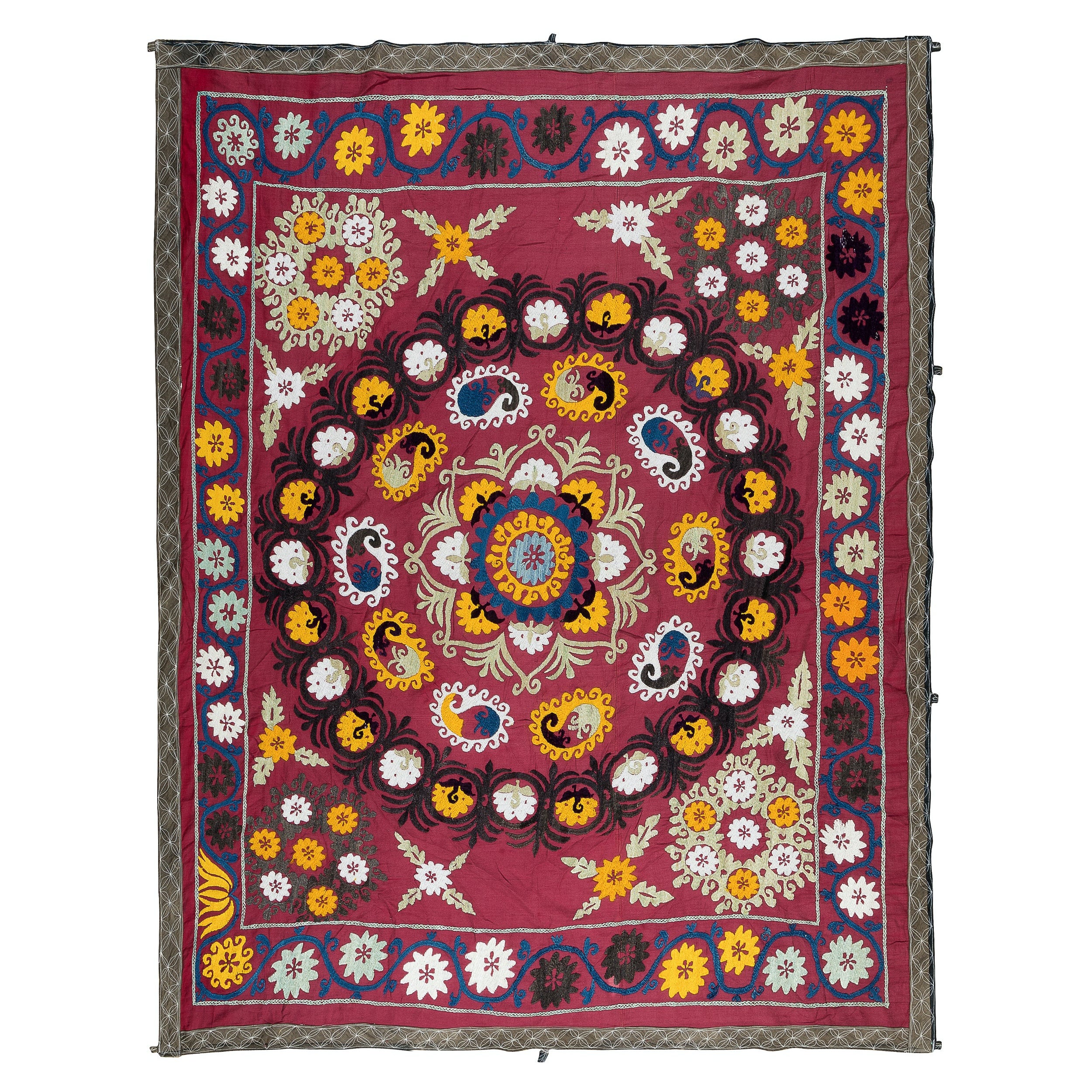 Cubrecama Rojo Bordado Vintage, Colgante de Seda y Algodón Uzbeko de 1,5 x 1,8 m