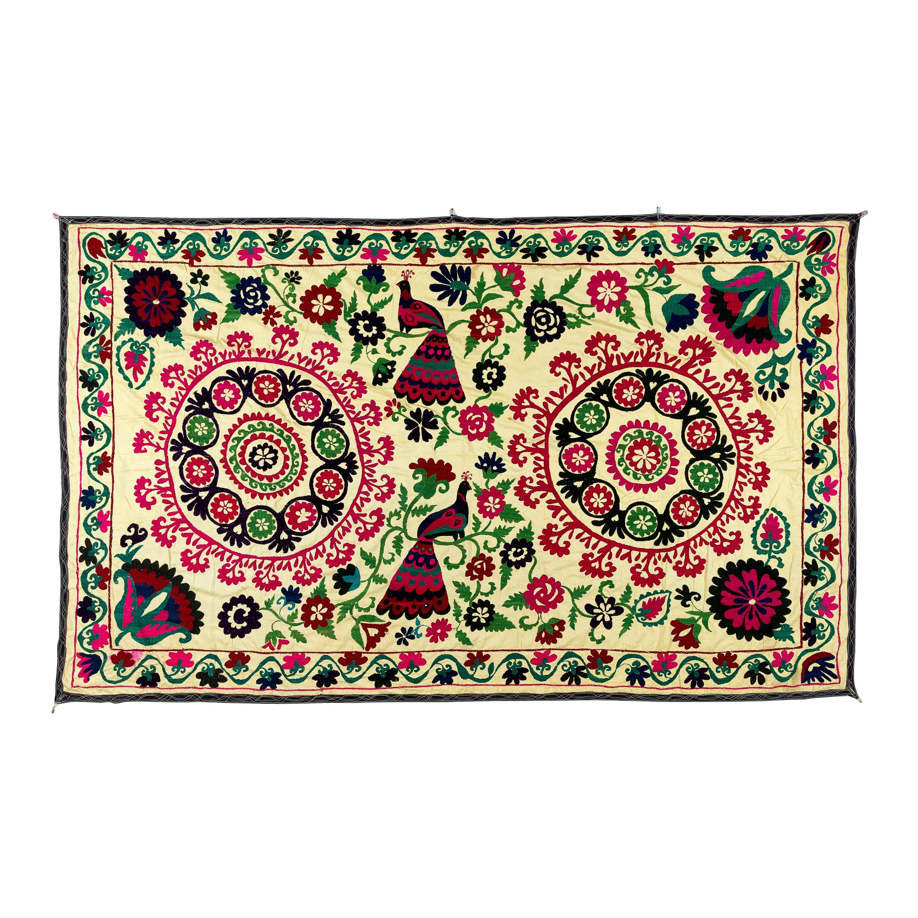 Cubrecama de Seda Bordada, Colgante de Pared Vintage Amarillo, Lienzo Uzbeko, 4,7x7,4 Pies en venta