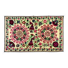 4.7x7.4 Ft Silk Embroidery Bed Cover, Yellow Vintage Wall Hanging, Uzbek Throw