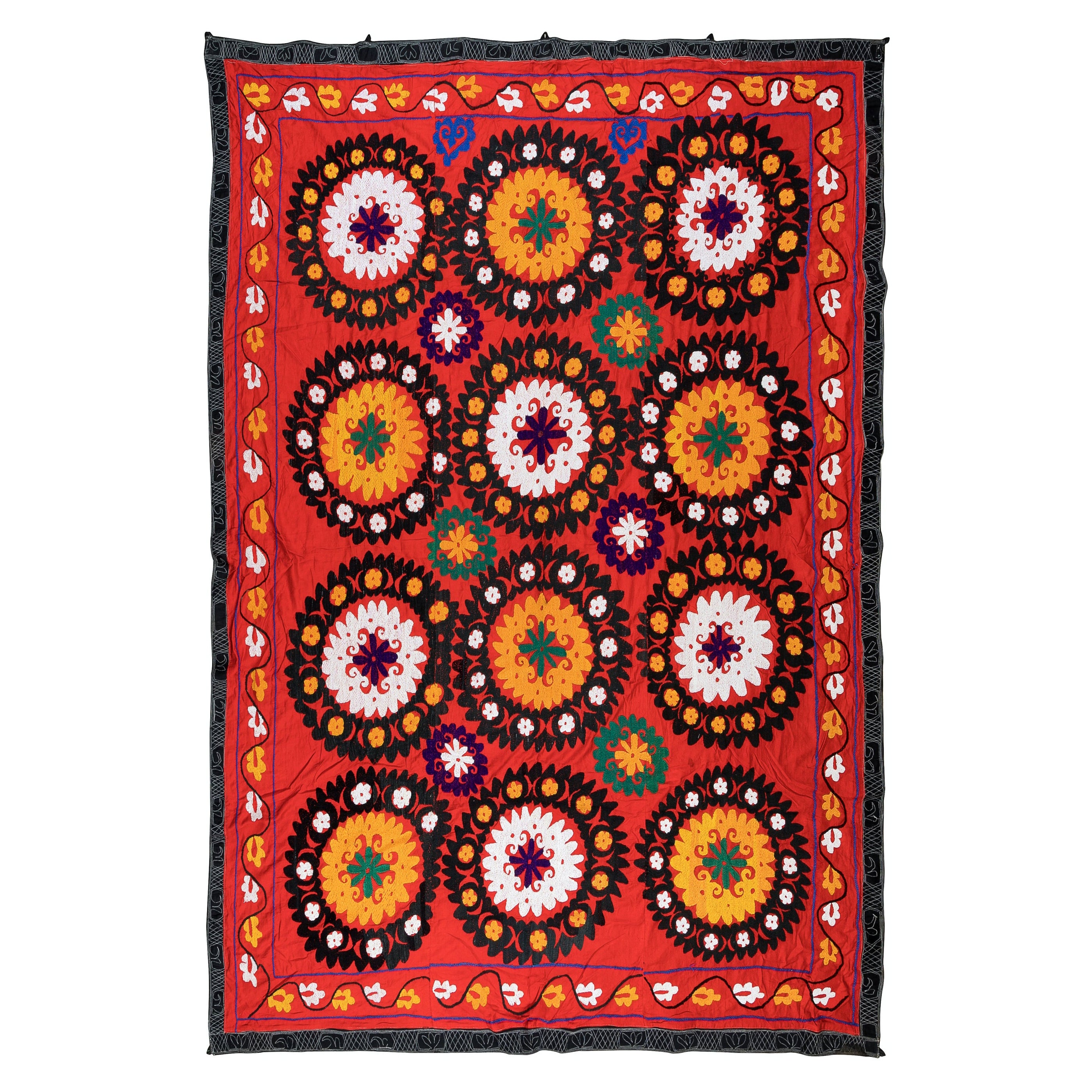 Colcha Suzani Bordada en Seda, Colgante Vintage, Tapiz Rojo