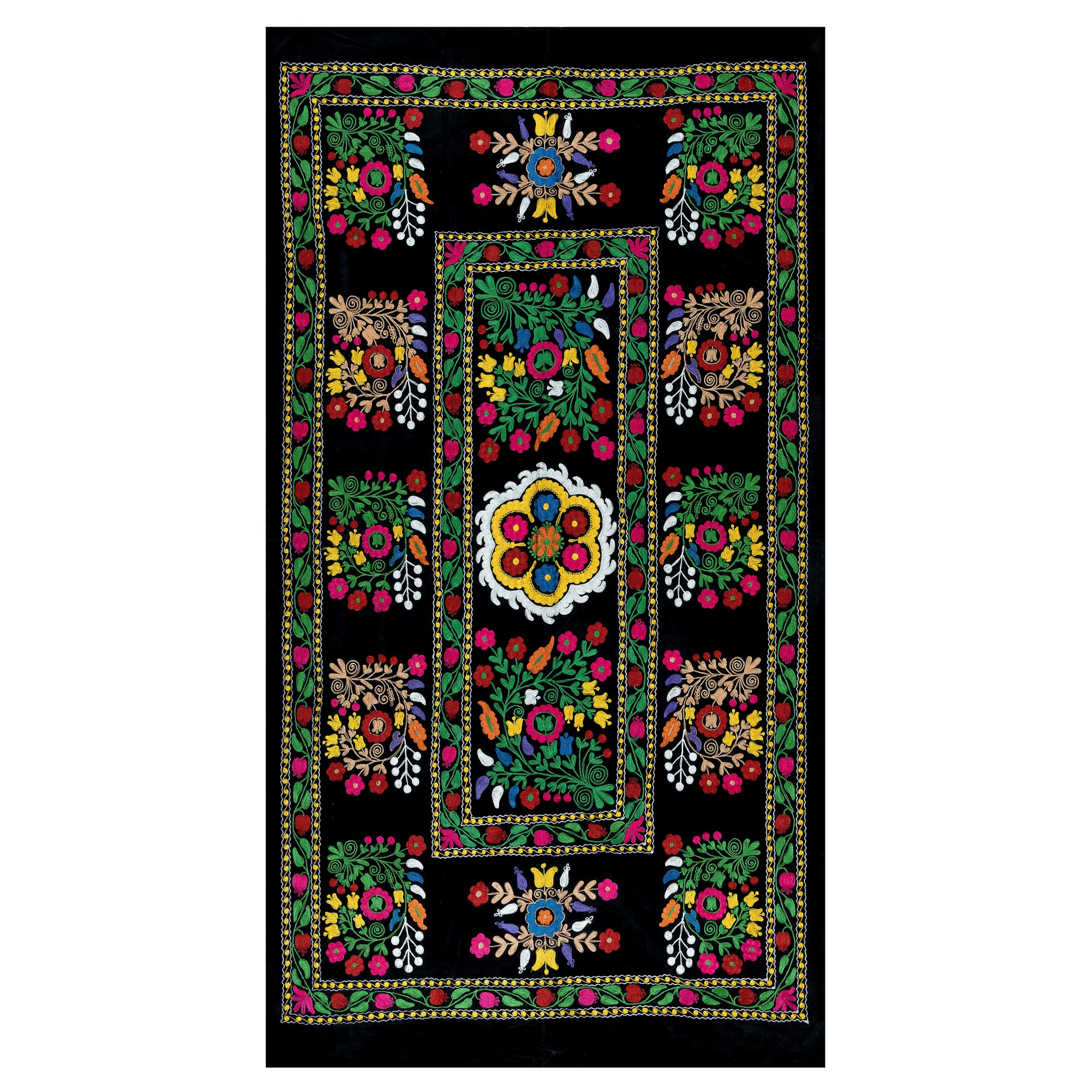 Tapiz Bordado de Seda 4x7,4 Pies, Colgante de Pared Negro, Colcha Uzbeka Vintage