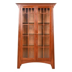 Arts & Crafts Solid Cherry Wood Lighted Bookcase or Display Cabinet