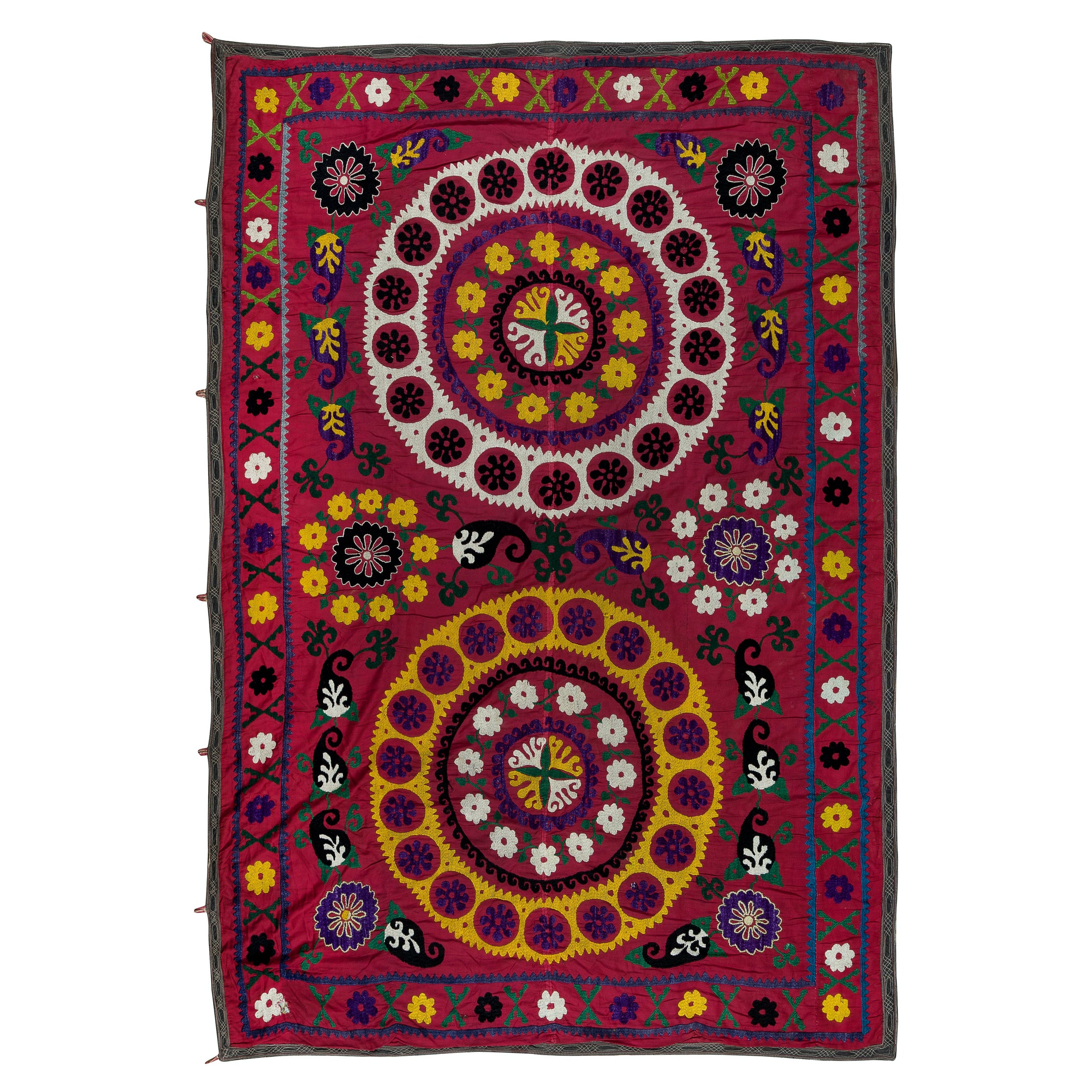 5x6.7 Ft Seidenstickerei-Überwurf mit Stickerei, roter Wandteppich, Vintage 1990er Jahre, Usbekistanischer Wandbehang
