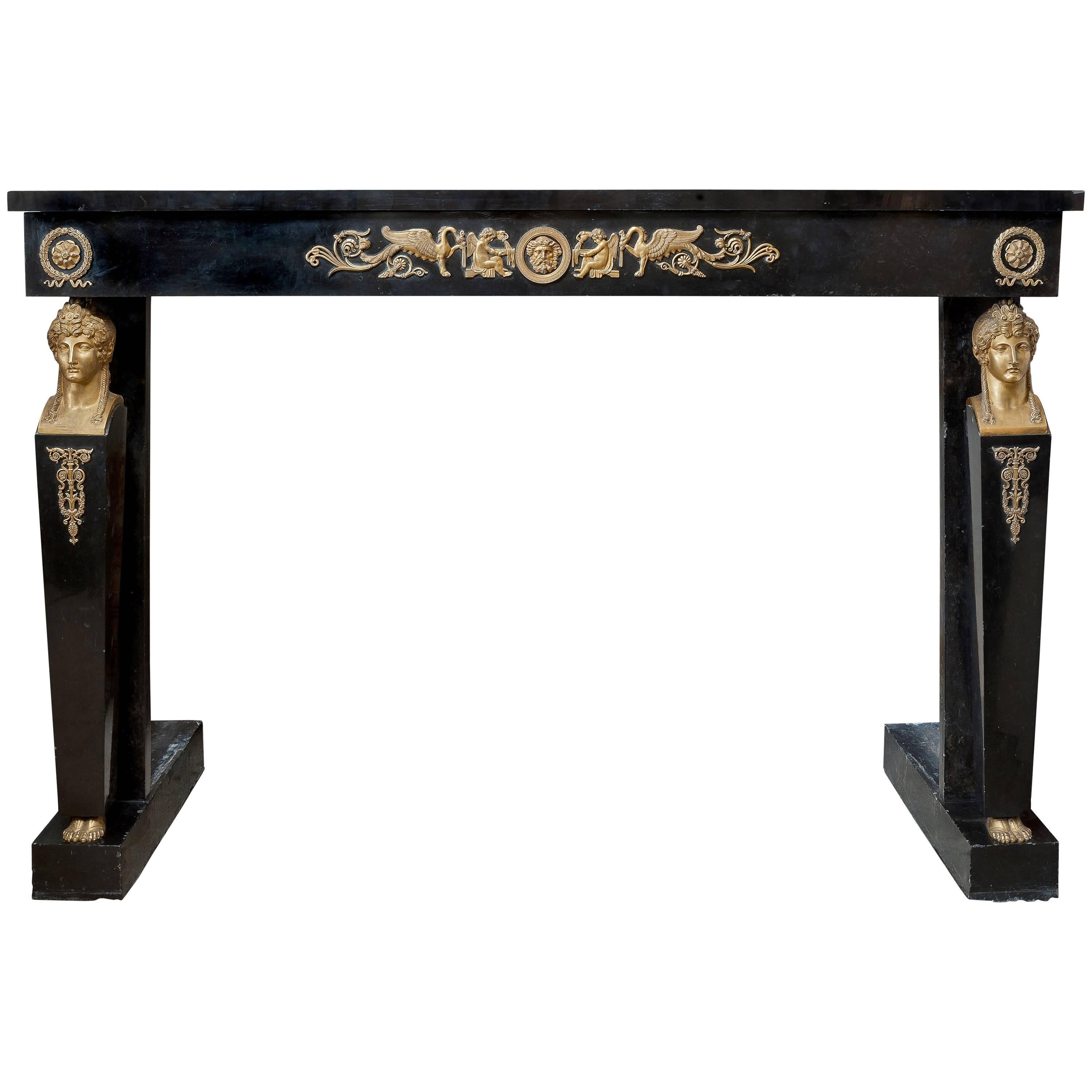 Beautiful Fireplace in Black Marble with Gilded Bronze, 19th Century For Sale