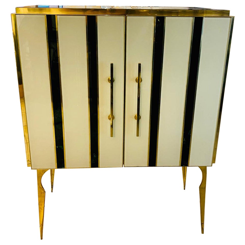 Italienische Contemporary Grün-Weiß-Streifen Murano-Glas, Messing und Wood Sideboard