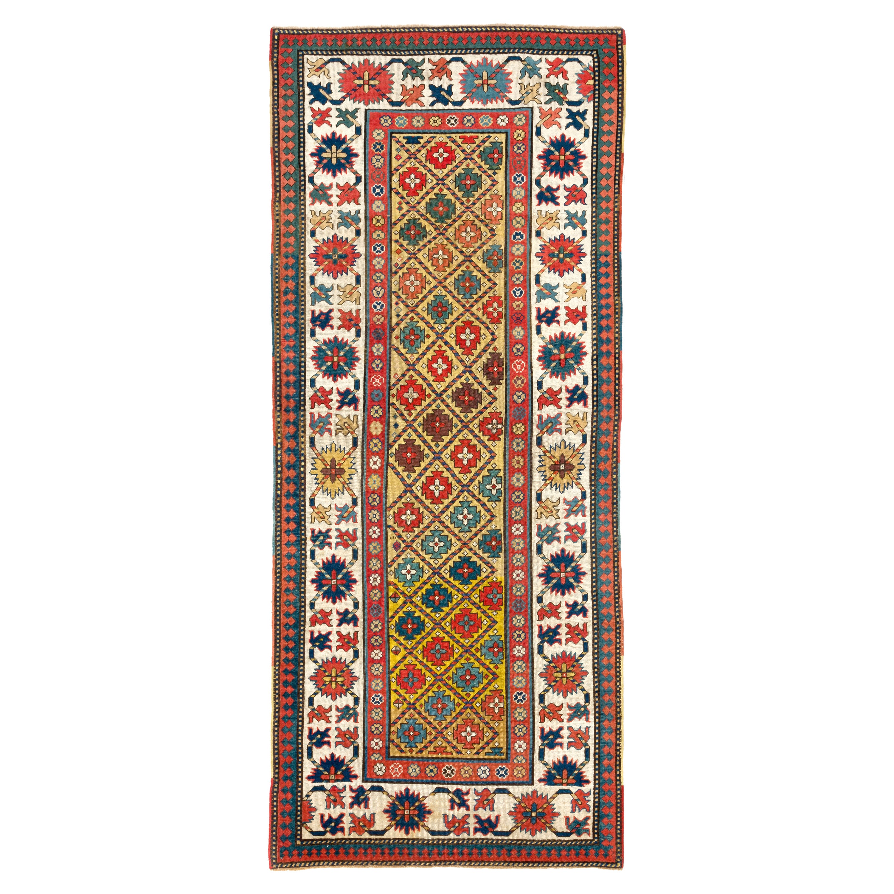 3.7x9 Ft Antique Yellow Ground Caucasian Kazak Rug. Ca 1880