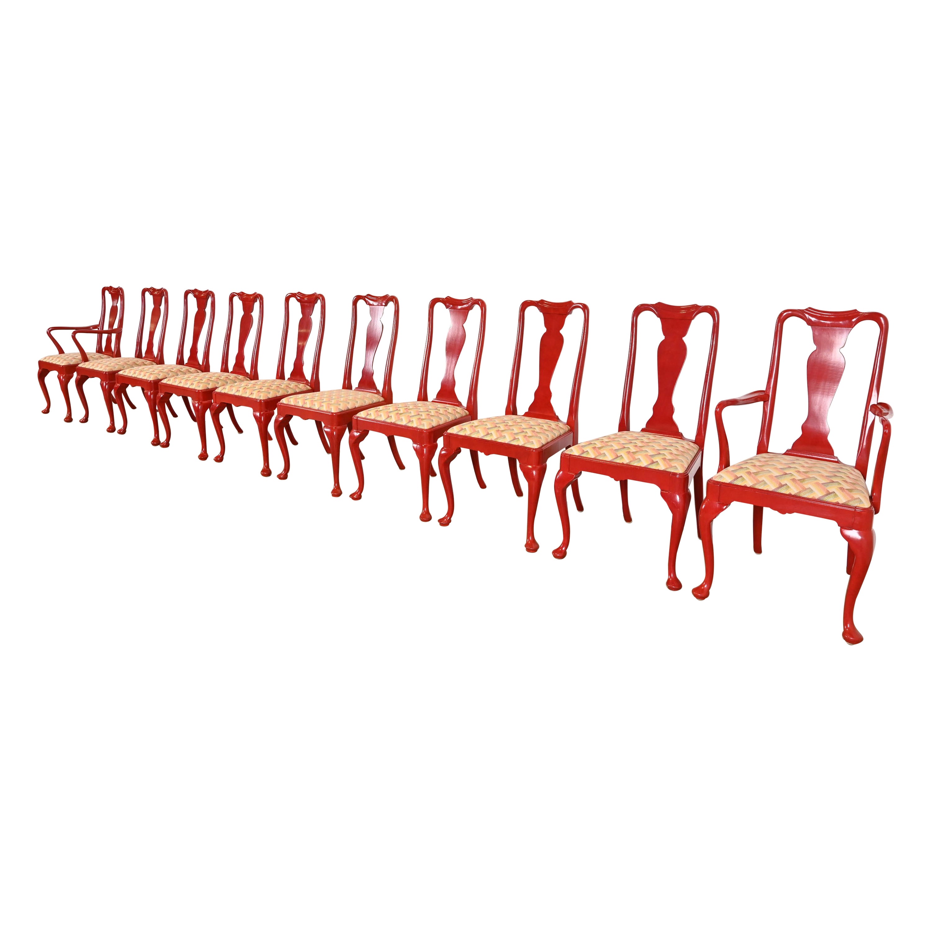 Chinoiserie Queen Anne Red Lacquered Dining Chairs, Set of Ten