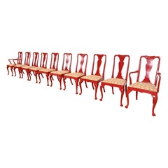 Chinoiserie Chaises de salle à manger Queen Anne laquées rouge, lot de dix