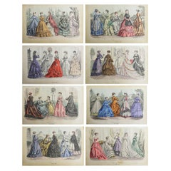 Set di 8 stampe di moda originali e antiche. Parigi, Francia. Datato 1868