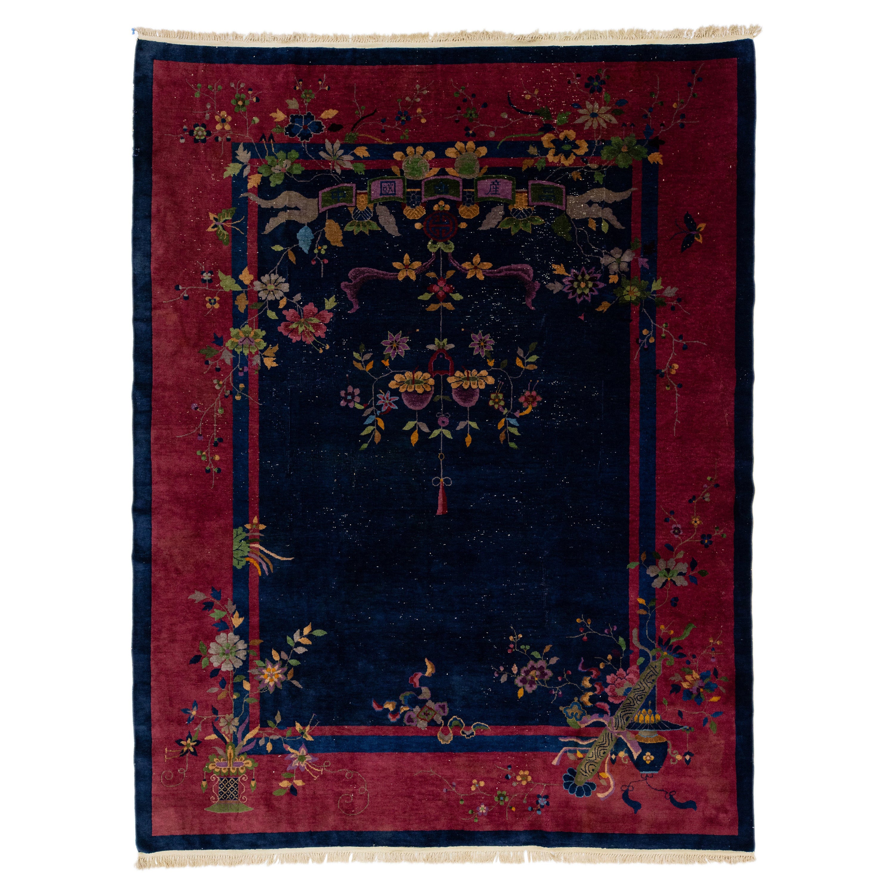 Alfombra de lana china antigua Art Decó azul marino de diseño clásico en venta
