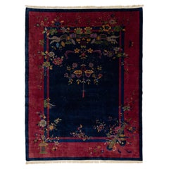 Marineblauer antiker Art-Deco-Teppich aus chinesischer Wolle mit klassischem Design