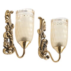 Swedish Designer, Wall Lights, Brass, Glass, Sweden, 1950s