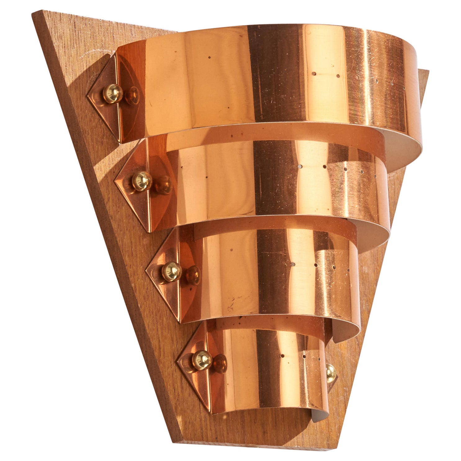 Swedish Designer, Wall Light, Copper, Teak, Sweden, 1960s
