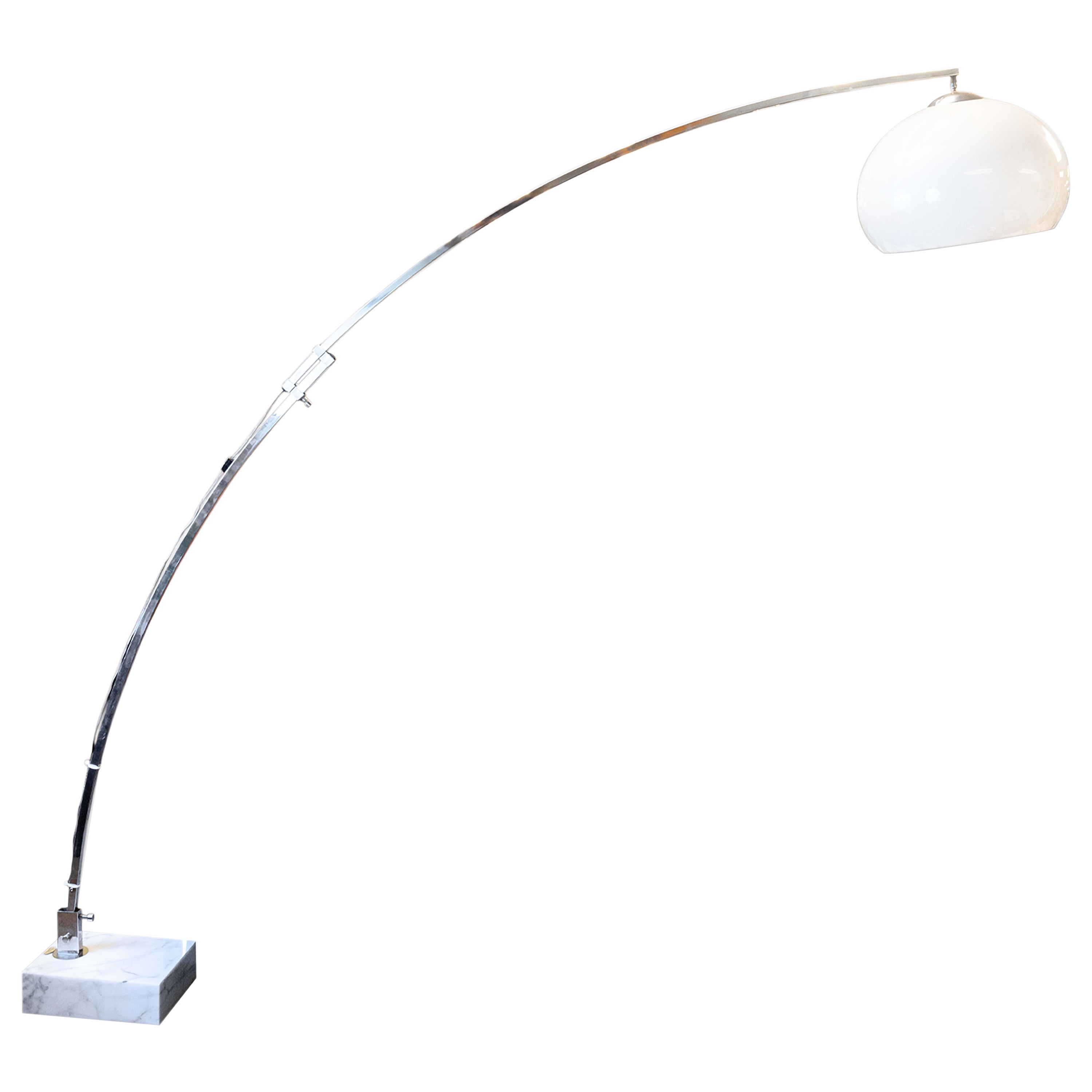 1970s Italian White Acrylic Shade Chrome Frame and Marble Base Arc Floor Lamp