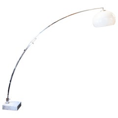 1970s Italian White Acrylic Shade Chrome Frame and Marble Base Arc Floor Lamp