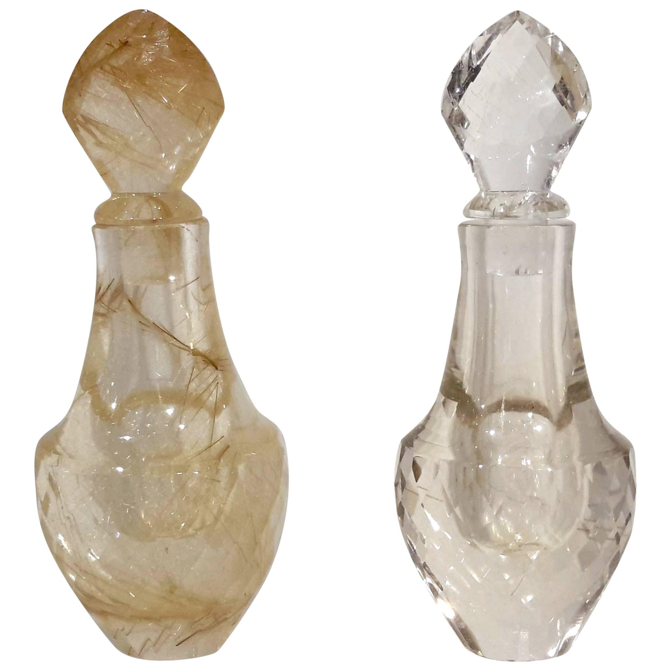 Pair of Rutilated Quartz, Carved Rock Crystal Scent Bottles For Sale