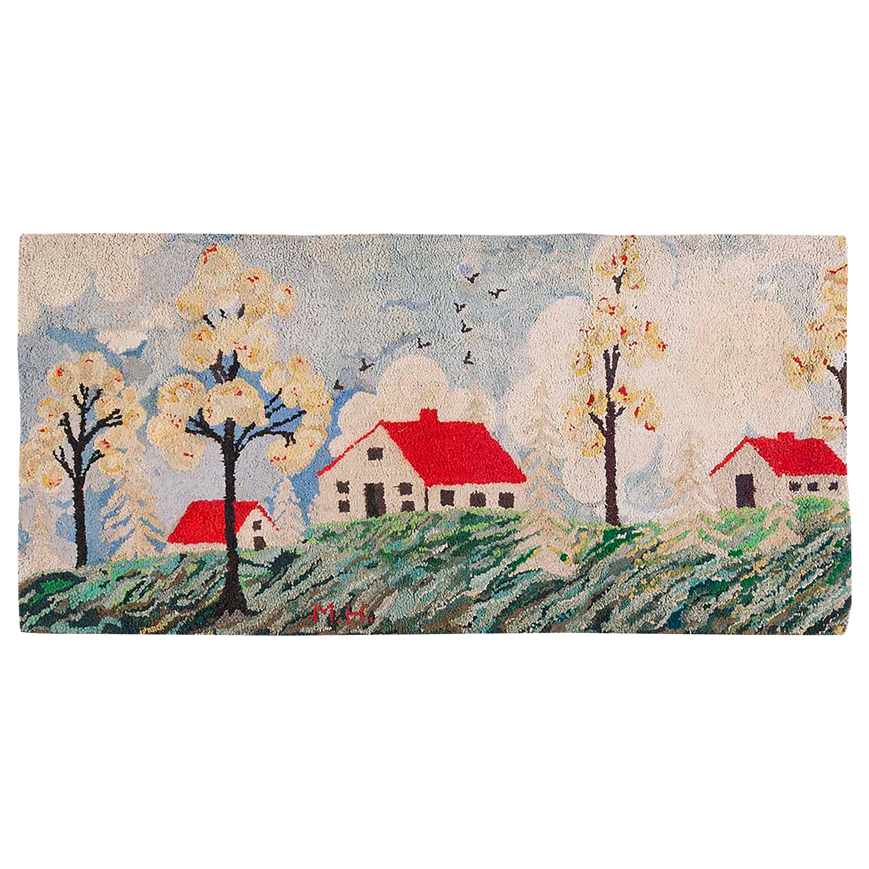 1930s Pictorial American Hooked Rug 3' 2"x 6' 7" For Sale