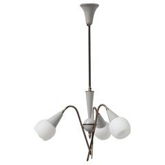 Mid-Century Mini Stilnovo Style Triple Arm Chandelier in Brass w/ Frosted Shades