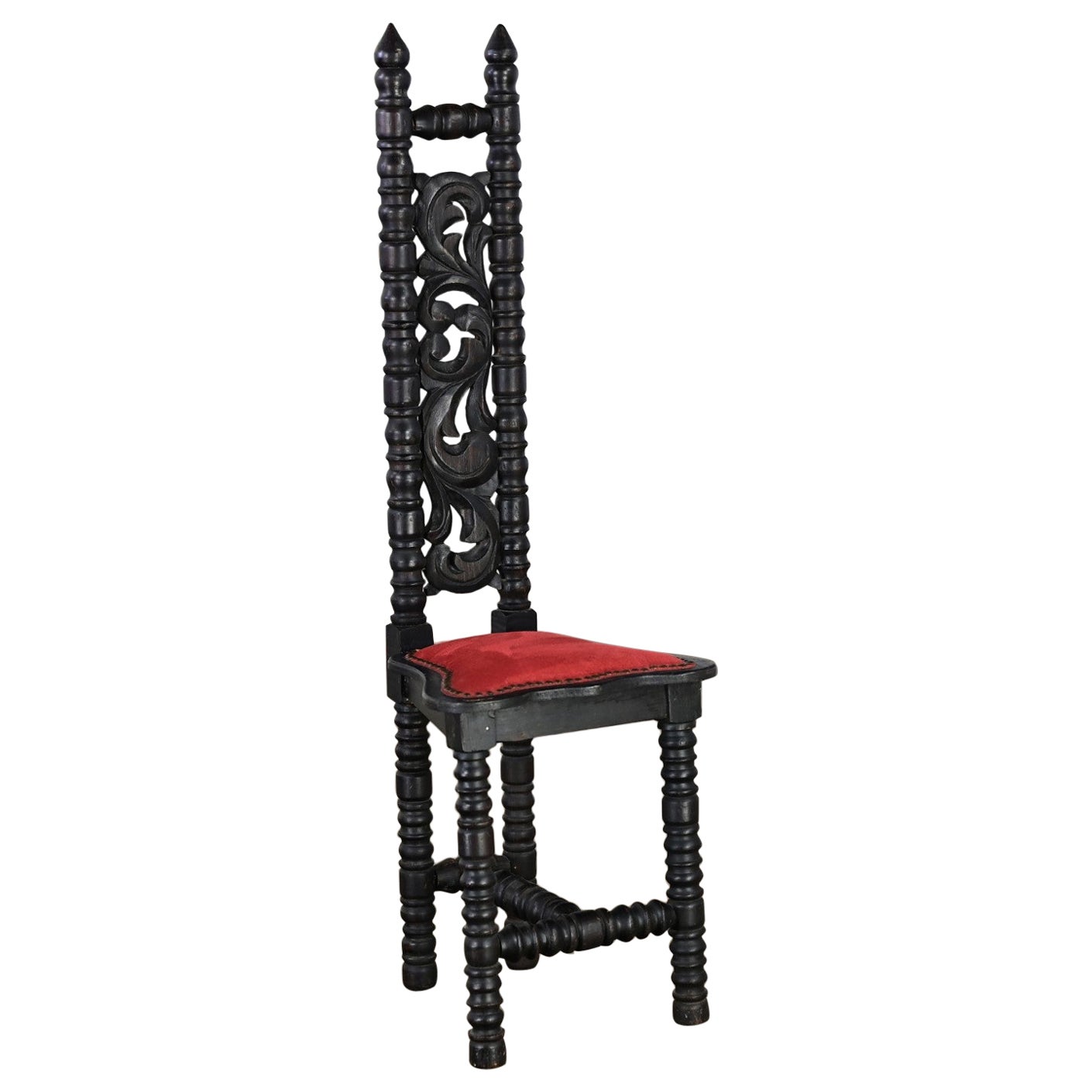 Spanish Colonial Revival Small High & Narrow Back Chair Red Velvet Style Witco